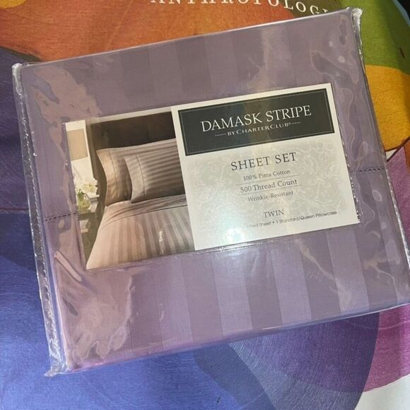 Charter Club Damask Stripe Sheet Set Pima Cotton Twin Purple NEW - Picture 2 of 8